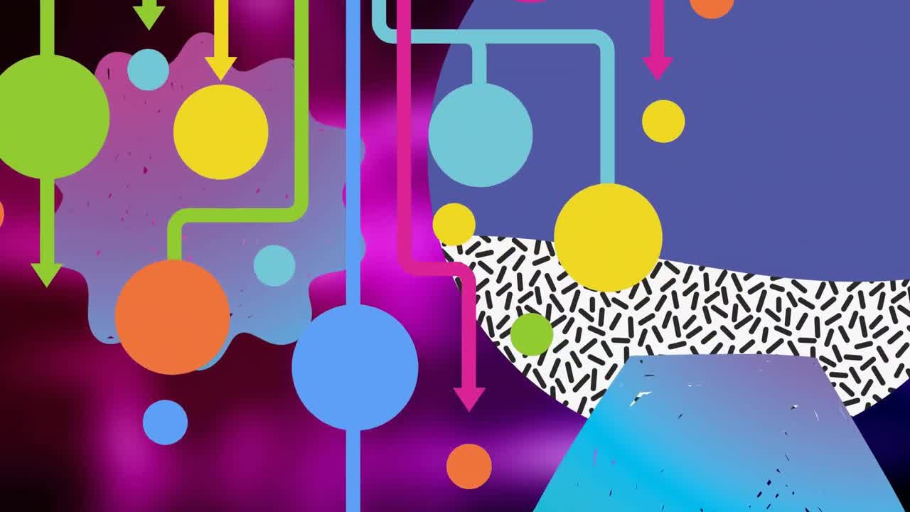 animación de flechas y puntos coloridos sobre formas en fondo púrpura.