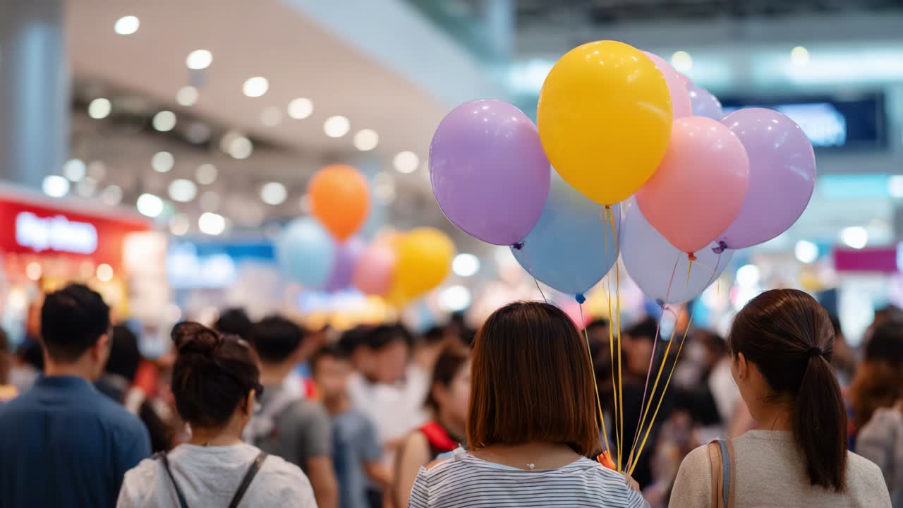 A vibrant scene depicting a crowd of people walking through a spacious area, holding colorful balloons that capture the joy and excitement of a festive atmosphere, creating a lively and cheerful visual experience
