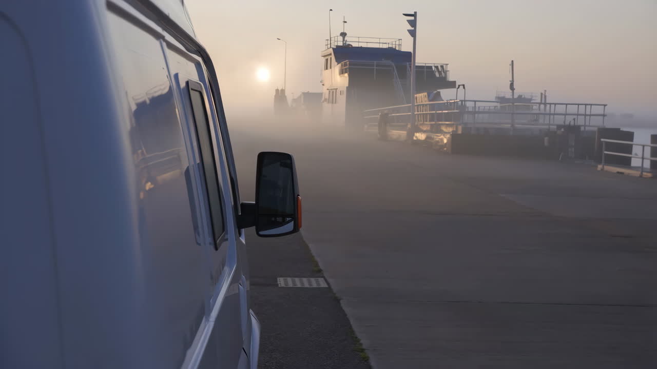 White Van Parked on a Foggy Dock with a Ship in the Distance During Sunrise or Sunset