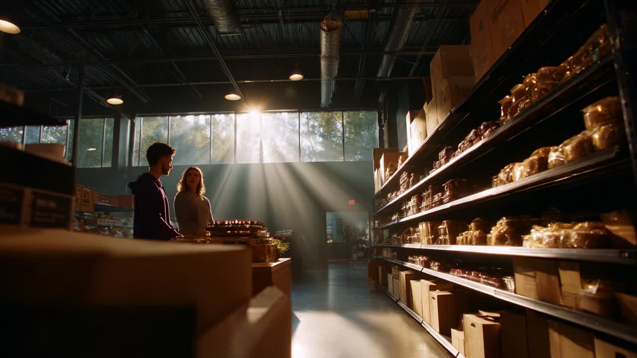 A Serene Moment in an Aisle of a Grocery Store, Where Sunlight Illuminates the Shelves, Creating a Warm Atmosphere as Two Shoppers Engage in a Conversation Amidst a Beautiful, Natural Scene