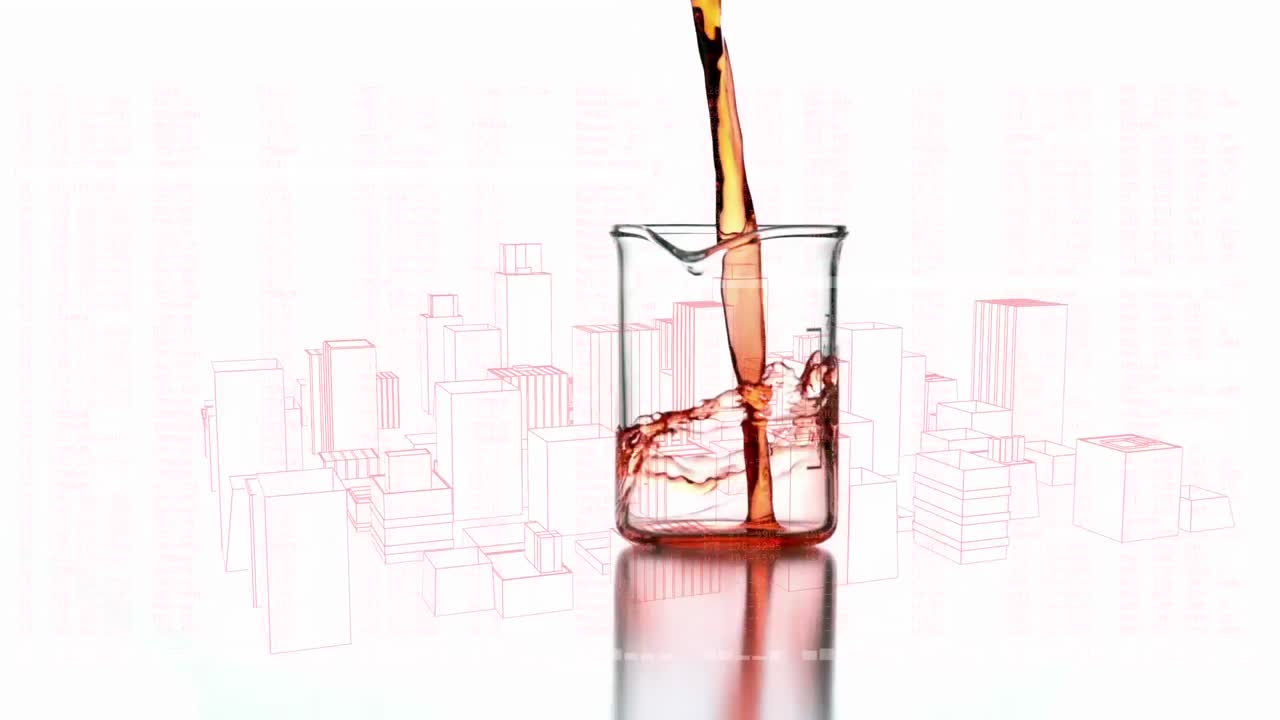 은 액체로 실험실 컵을 통해 데이터 처리의 애니메이션