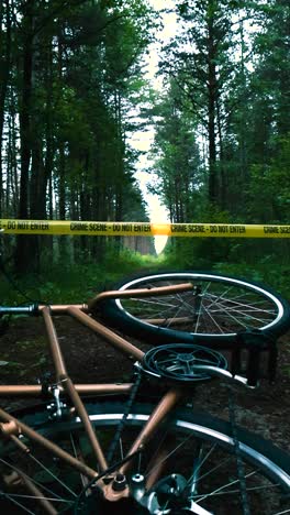 golden and bronze colored bicycle crahsed and tilted over on a lonely countryside forest road with no people and yellow crime scene tape pulled over it indication a crime happened. wheel is spinning