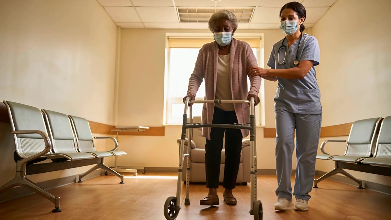 Gående pasient bruker rullator på klinikk etter sykepleierens veiledning; sykepleier i uniform, maskert, veileder mobiliteten.