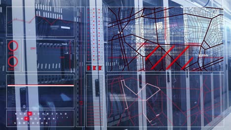 Animation-Von-Diagramm,-Ladekreisen,-Navigationsmuster-Und-Tastatur-über-Dem-Serverraum