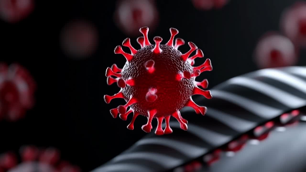 Understanding the structure of a virus. A close-up of a virus model shows its complex structure and features on a dark background.
