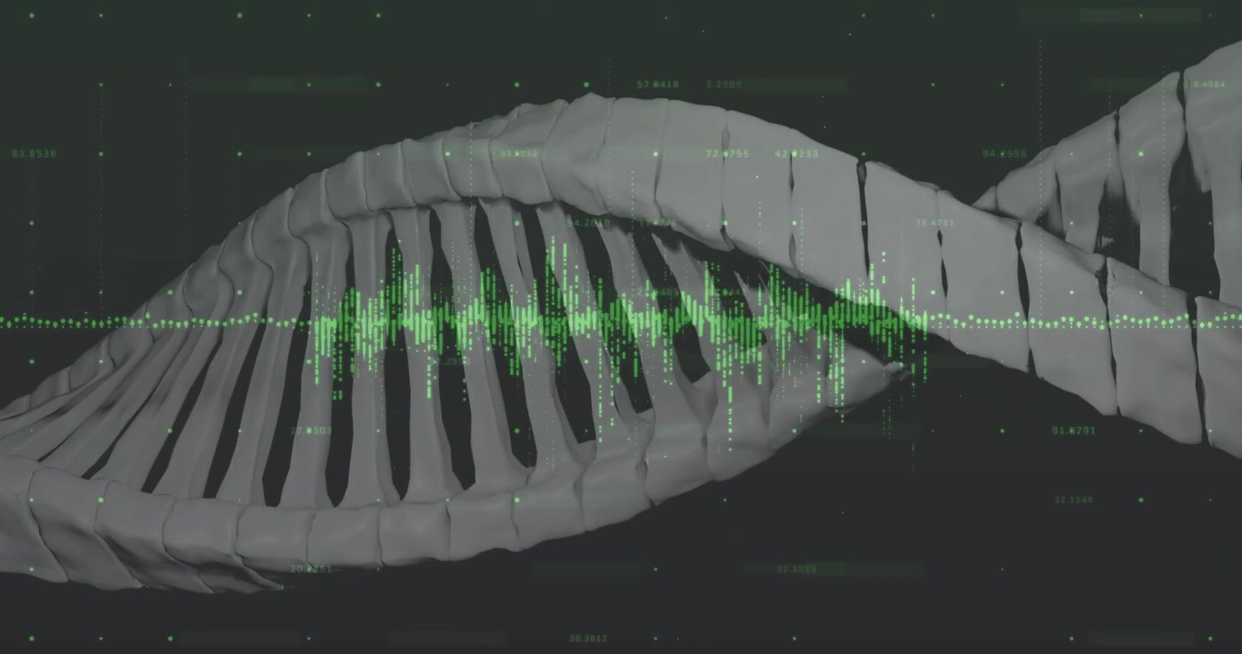 White double helix appearing, spinning in 3D and pulsing green waveform through helix for analysis