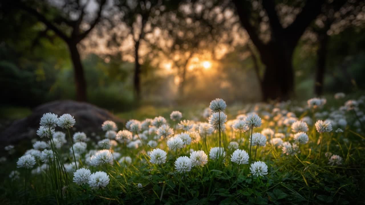 Breathtaking Sunrise Over a Field of White Clover Flowers Illuminated by Soft Golden Light, Surrounded by Lush Green Trees and Natural Serenity
