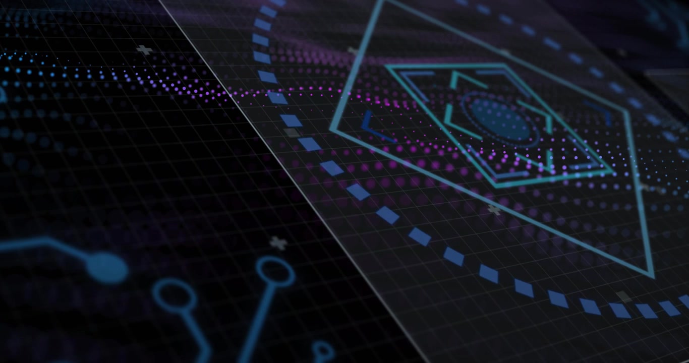 Digital panel sliding and rotating as playback starting over grid, particles scanning polygons tech