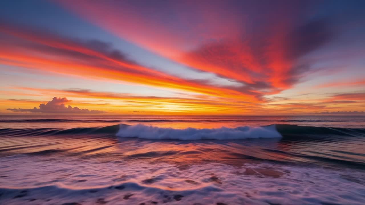 A Stunning Transformation: Captivating Sunset Colors Dance Over Calm Ocean Waves, Creating an Enchanting Atmospheric Palette of Warm Hues and Soft Reflections