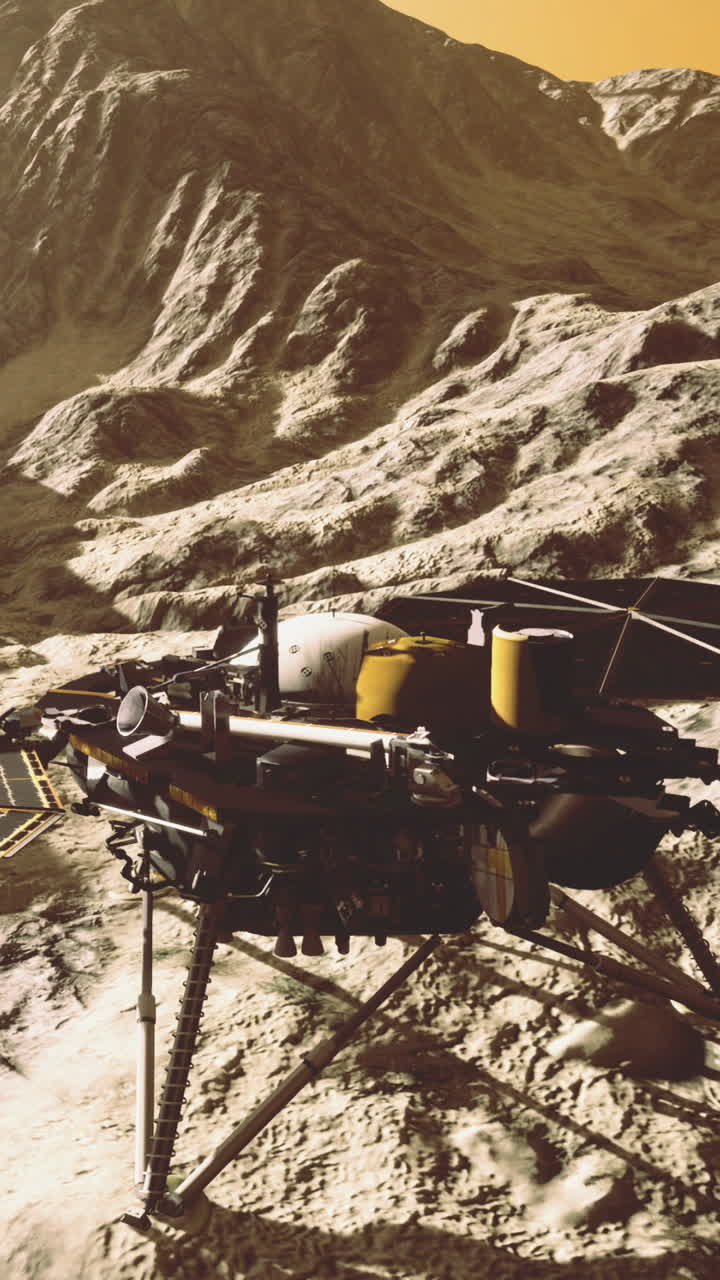 Robot lands on alien surface to explore and gather data from distant planet