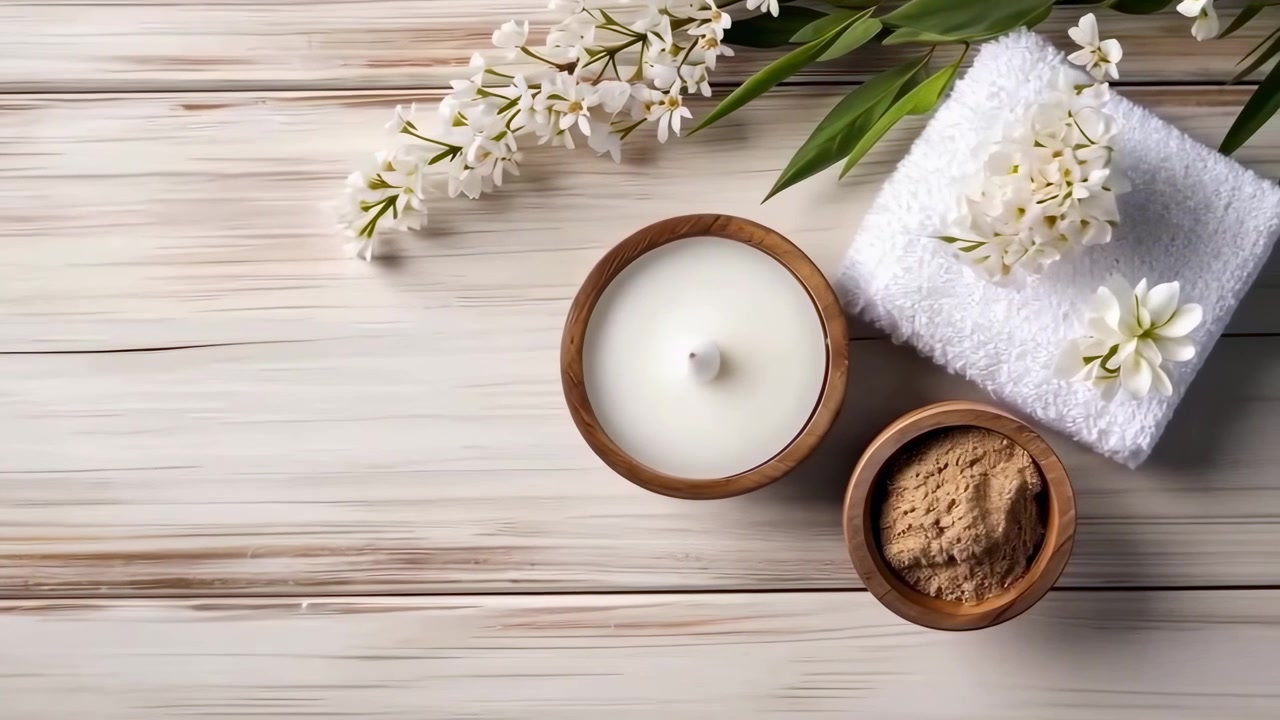 Ahşap Masa Üzerinde Mum ve Kozmetik Kil ile Spa Bakım Malzemeleri