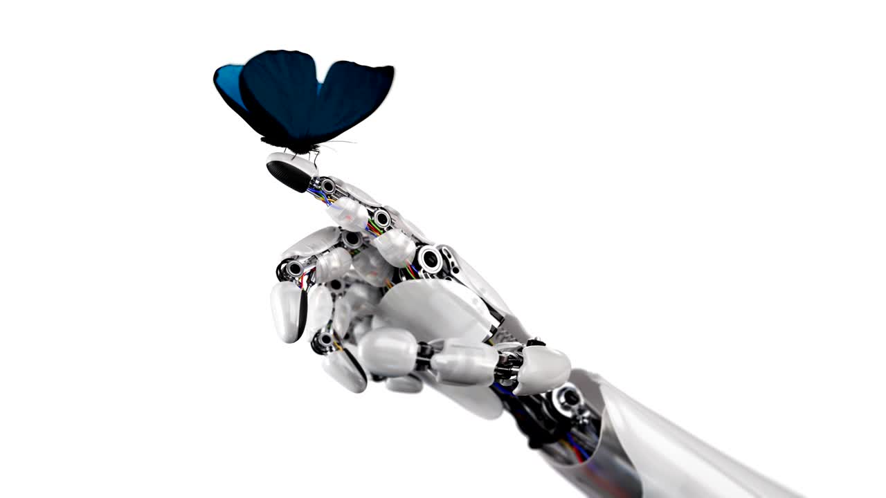 la mariposa aterriza en la mano del robot sobre un fondo blanco