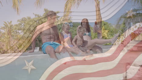 animación de elementos de la bandera estadounidense sobre padres y niños caucásicos felices jugando en la piscina al sol