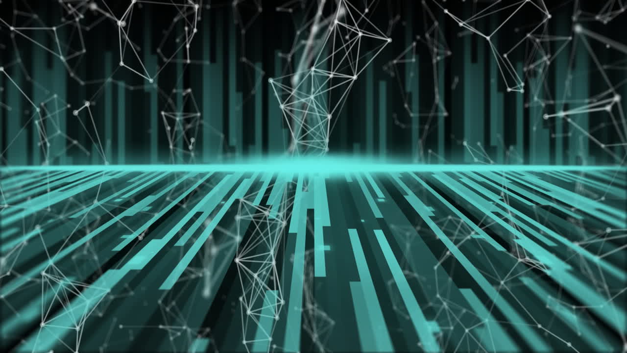 3D render showing turquoise bars rising on grid floor, white nodes floating connecting teal panels