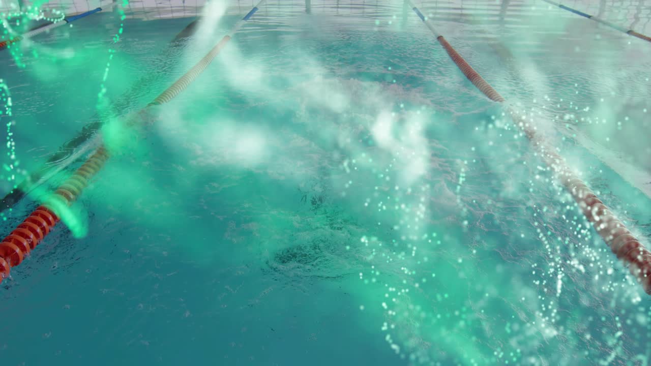 Swimmer crouching block, receiving start signal, pushing off and diving through sports data stream