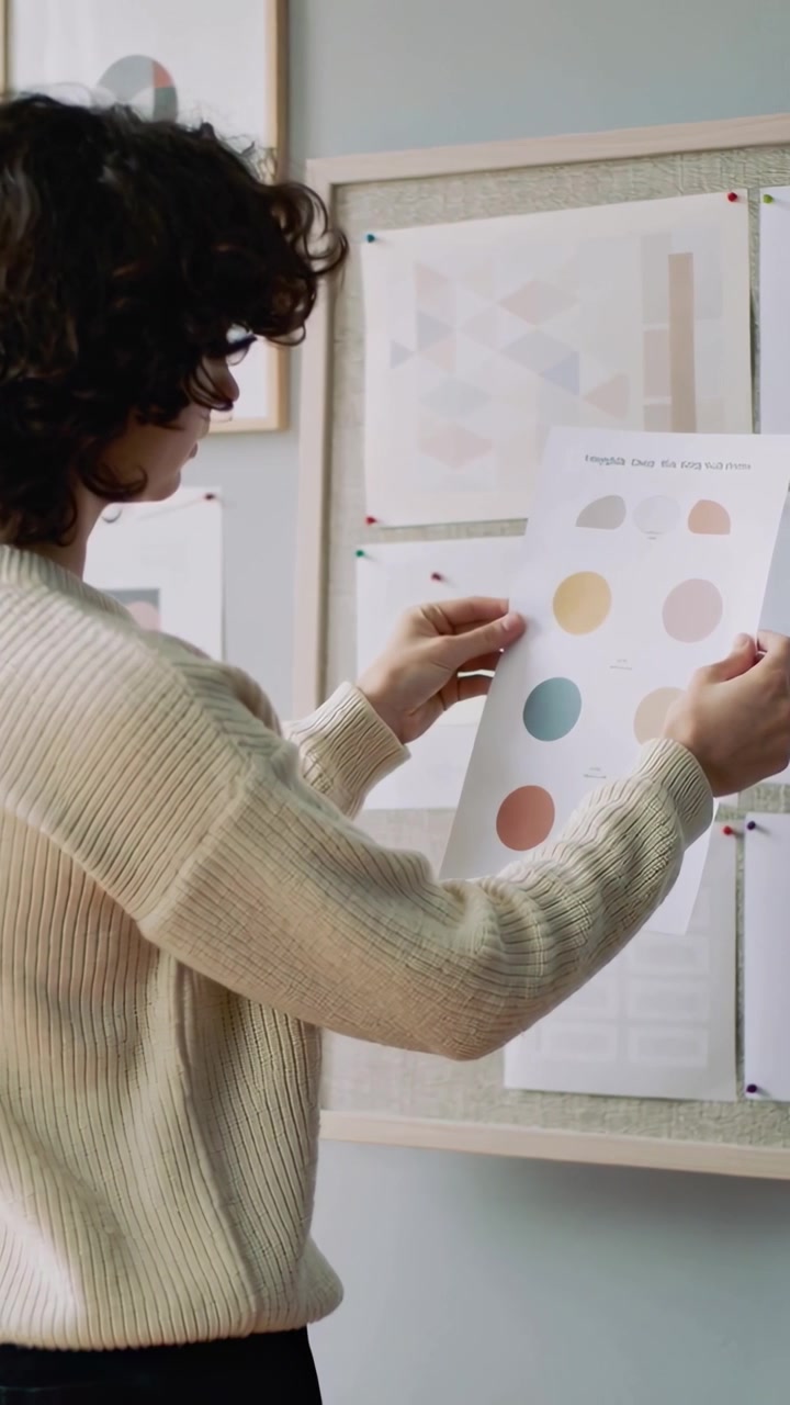 Video verticale: Donna con top color crema che tiene un campioncino e lo allinea su una tavola vicino a stampe appuntate per il layout