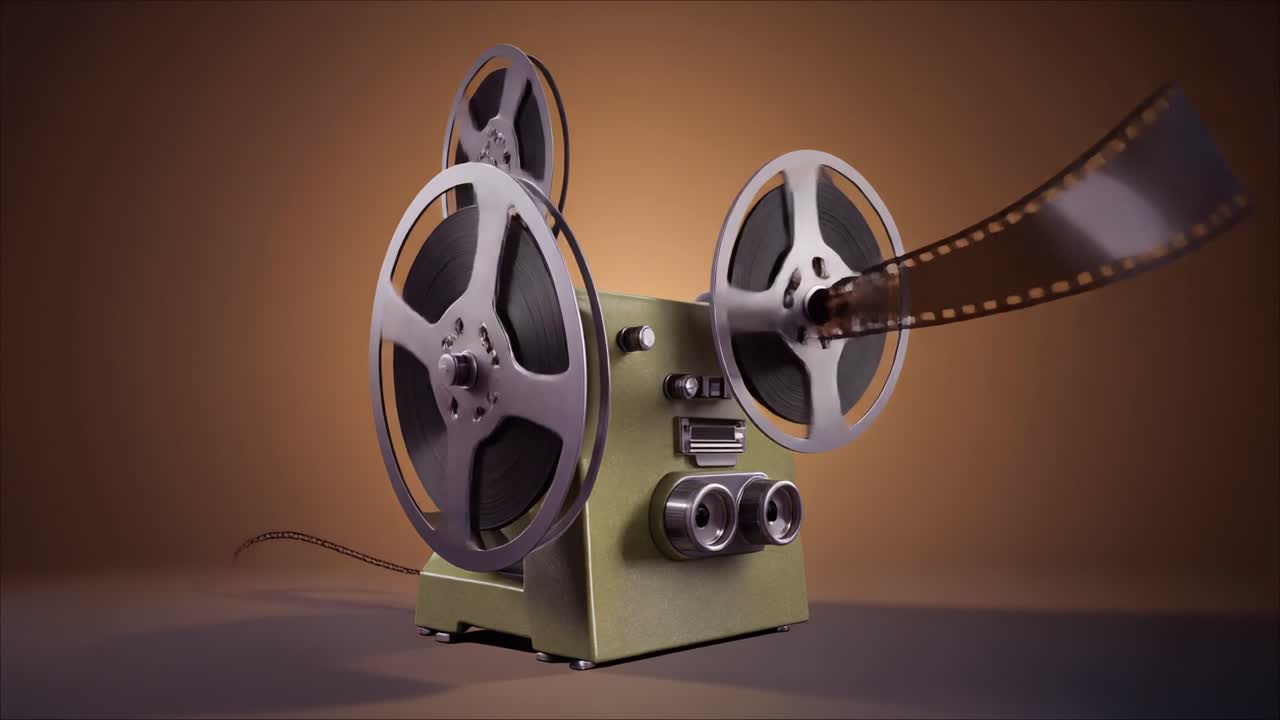 Proiettore cinematografico vintage con bobine che girano e pellicola in movimento