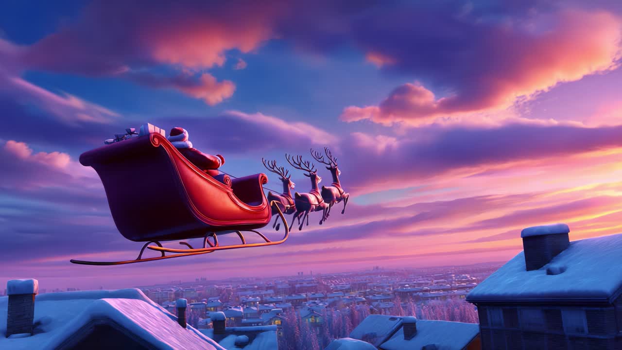 Majestic Night Sky: The Enchanting Journey of Santa Claus and His Sleigh, Gliding Over Snowy Rooftops and Twinkling City Lights as the Sun Sets into a Dreamy Horizon, Spreading Joy and Wonder