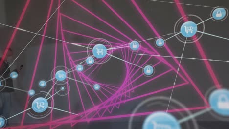 Digital-animation-of-network-of-digital-icons-against-light-trails-network