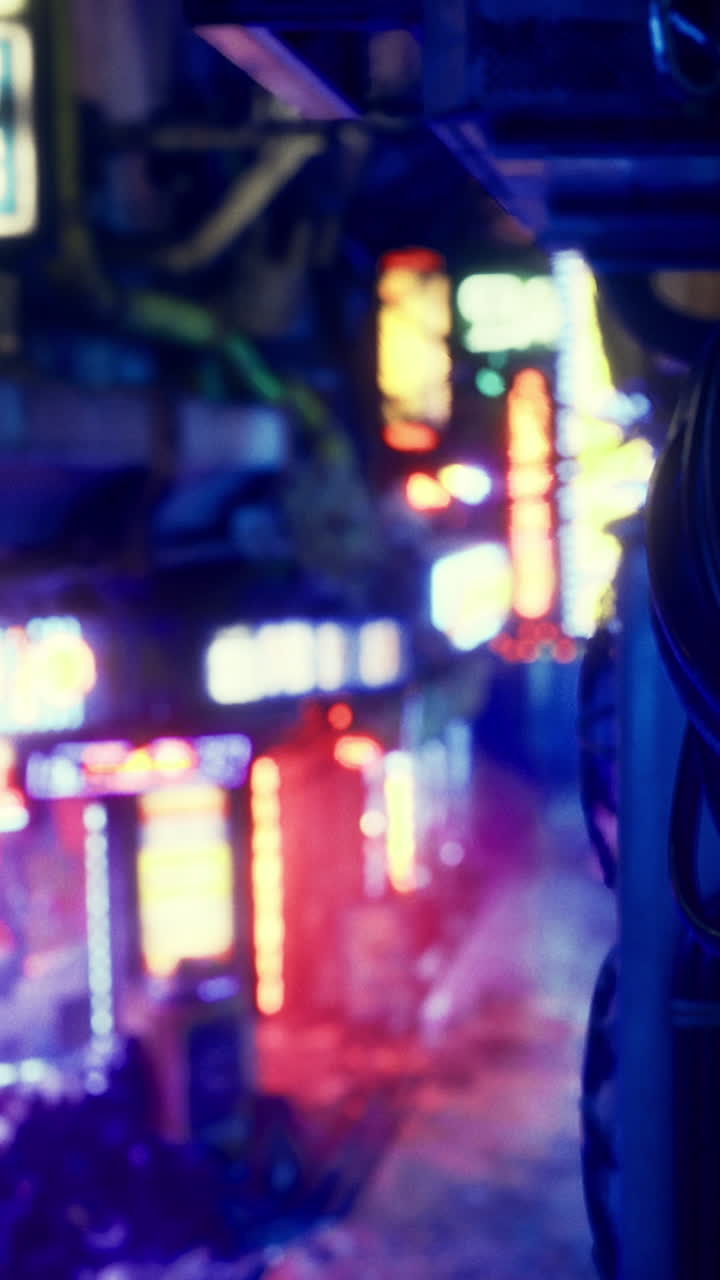 Bright lights in busy streets of city at night with colorful signs