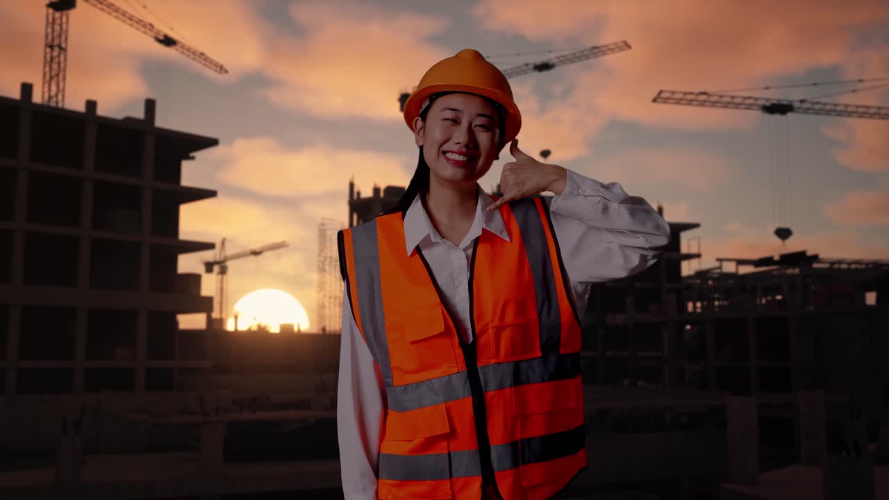 Asian Female Engineer With Safety Helmet Smiling To Camera And Making Call Me Gesture While Standing At Construction Site in Progress to New House