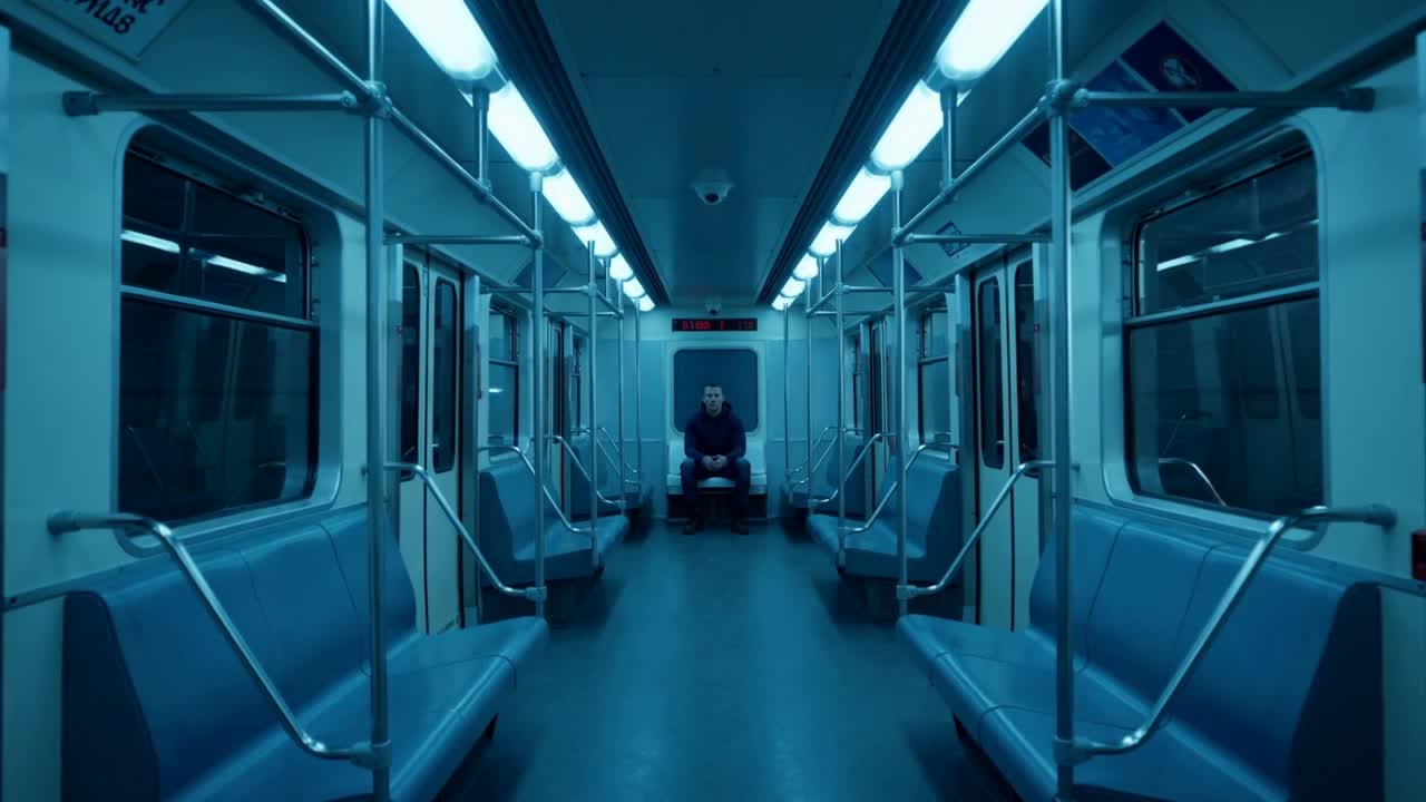 Pendolare seduto con telecamera in mano, si muove leggermente e gira la testa nella metropolitana, indossa una giacca scura e ha due borse.