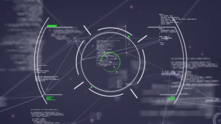 Animation of scope scanning over network of connections and data processing on black background