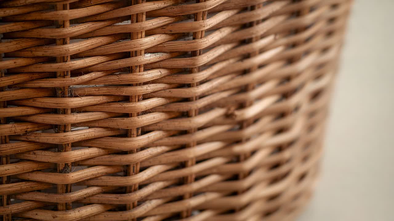 ベージュ色の壁を背景に、柳のバスケットにカメラをスライドさせながら焦点を当て、柔らかな光の中で編み目とロッドを強調しています。
