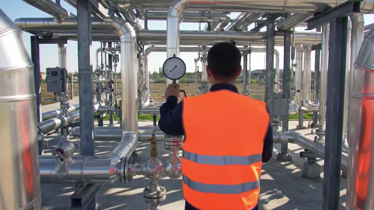 Technician Monitoring Pressure Levels in Industrial Pipeline System: Ensuring Safe Operations and Maintenance in Energy Production Facility