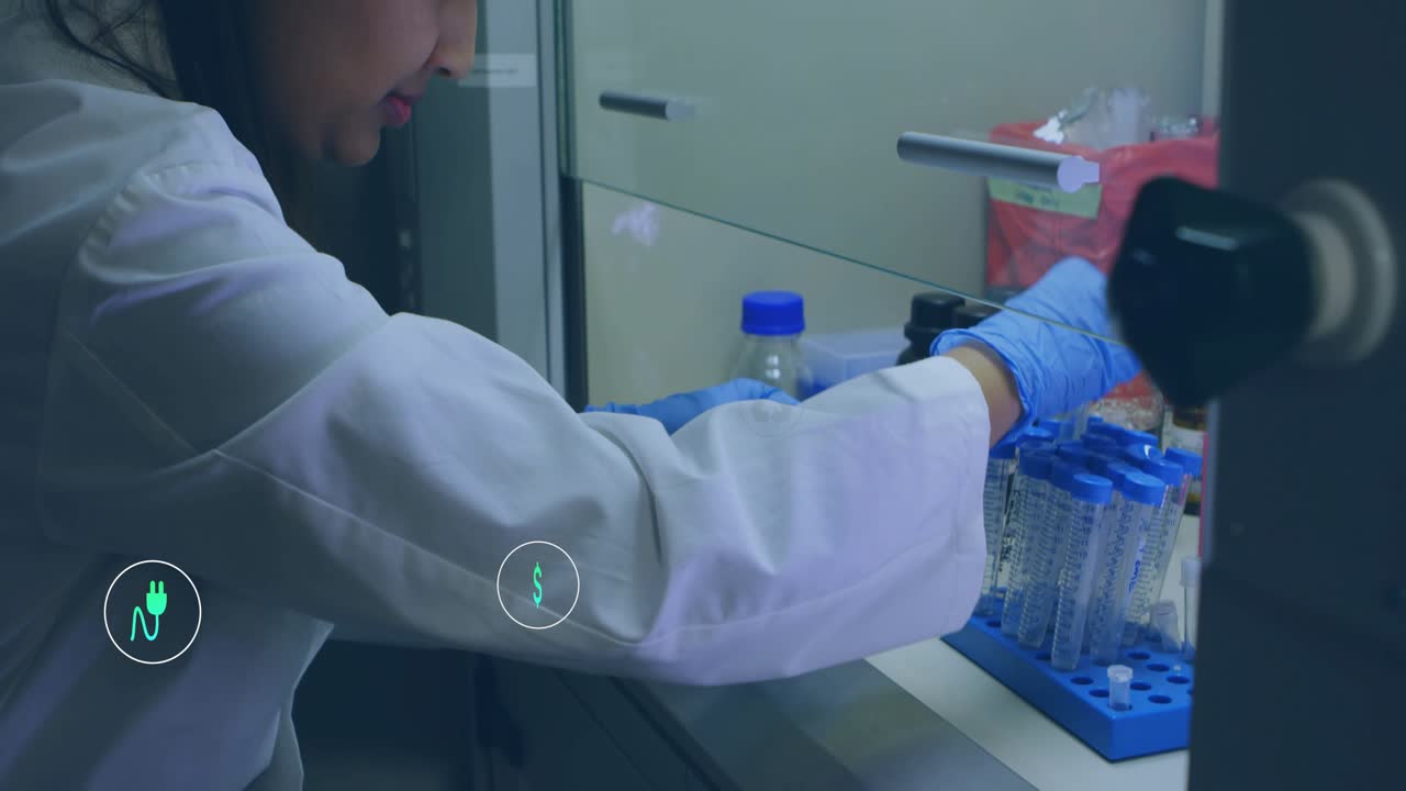 Indian scientist loading tubes in blue rack while eco icons clustering linking lab to green economy