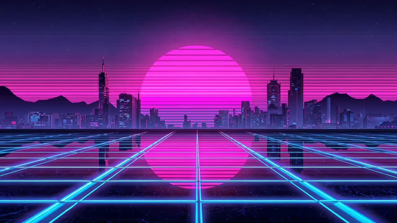 Starting loop, large magenta sun with scanlines pulsing over neon grid plaza, reflecting lights