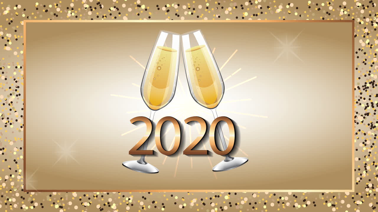 animación de feliz año nuevo con 2020 y copas brindando