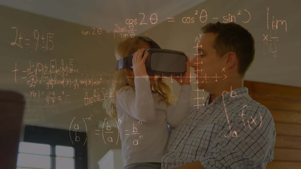 Animation of mathematical drawings and equations over father and daughter wearing vr headsets