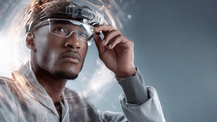 Tecnologia futuristica e innovazione con uomo afroamericano