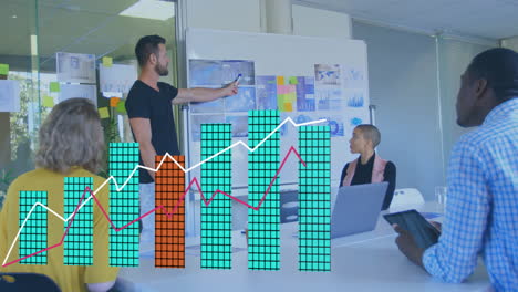 animation of financial data processing over diverse business people in office