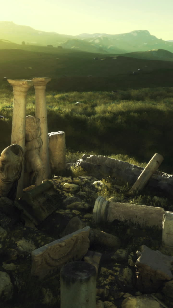 Ancient columns stand tall under a golden sunrise in a serene valley