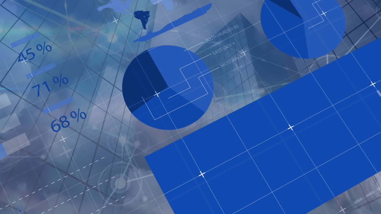 인포그래픽 인터페이스의 애니메이션, 연결된 점, 건물의 낮은 각도 뷰에 대한 안개 구름