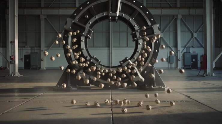 Appearing metallic spheres swirling inside large circular ring fixture on concrete floor