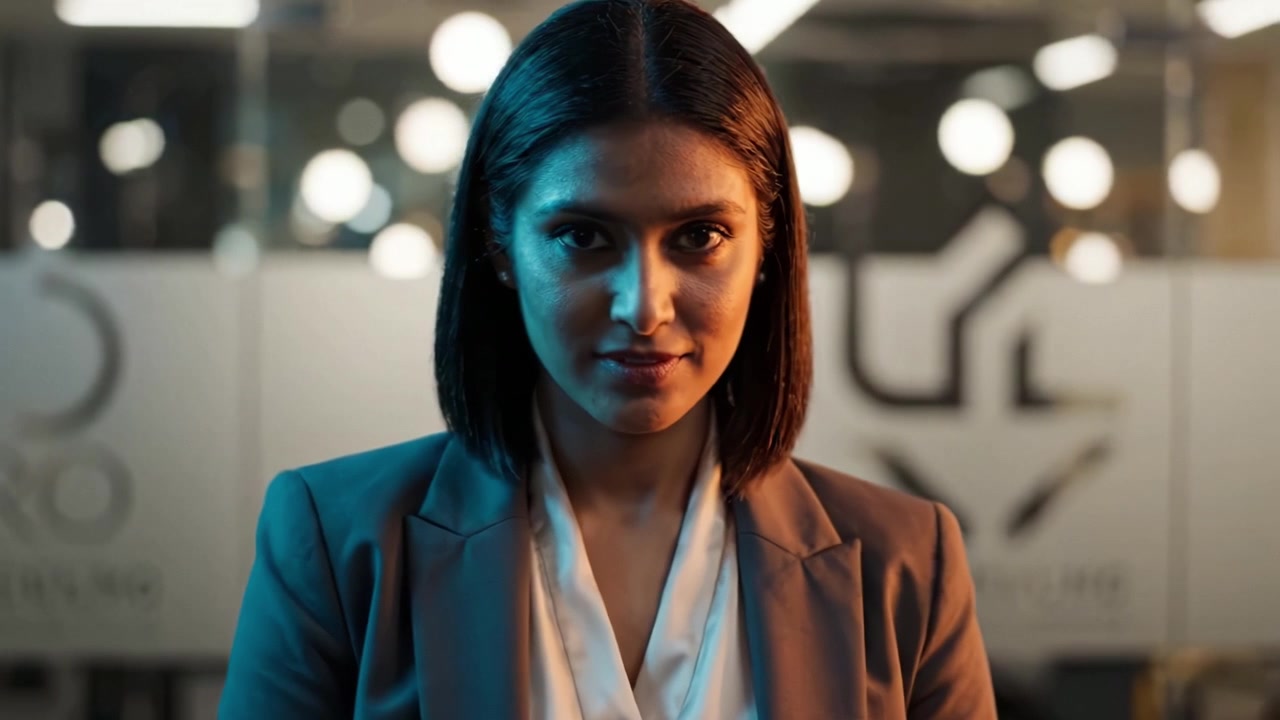 Una donna professionista posata in un elegante abito da lavoro sta con sicurezza in un ambiente d'ufficio, illuminata da luci calde, incarnando forza e leadership.