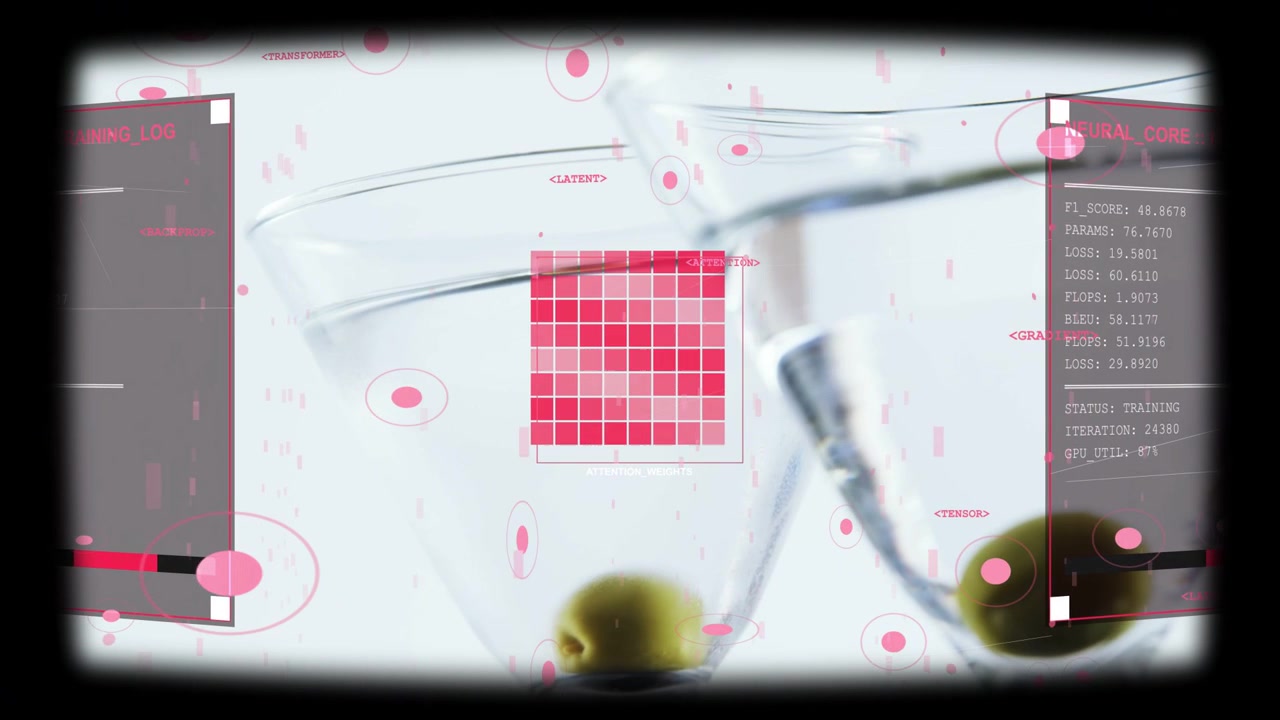 Right glass nudging forward in product studio, olives rolling, HUD grid reacting for marketing