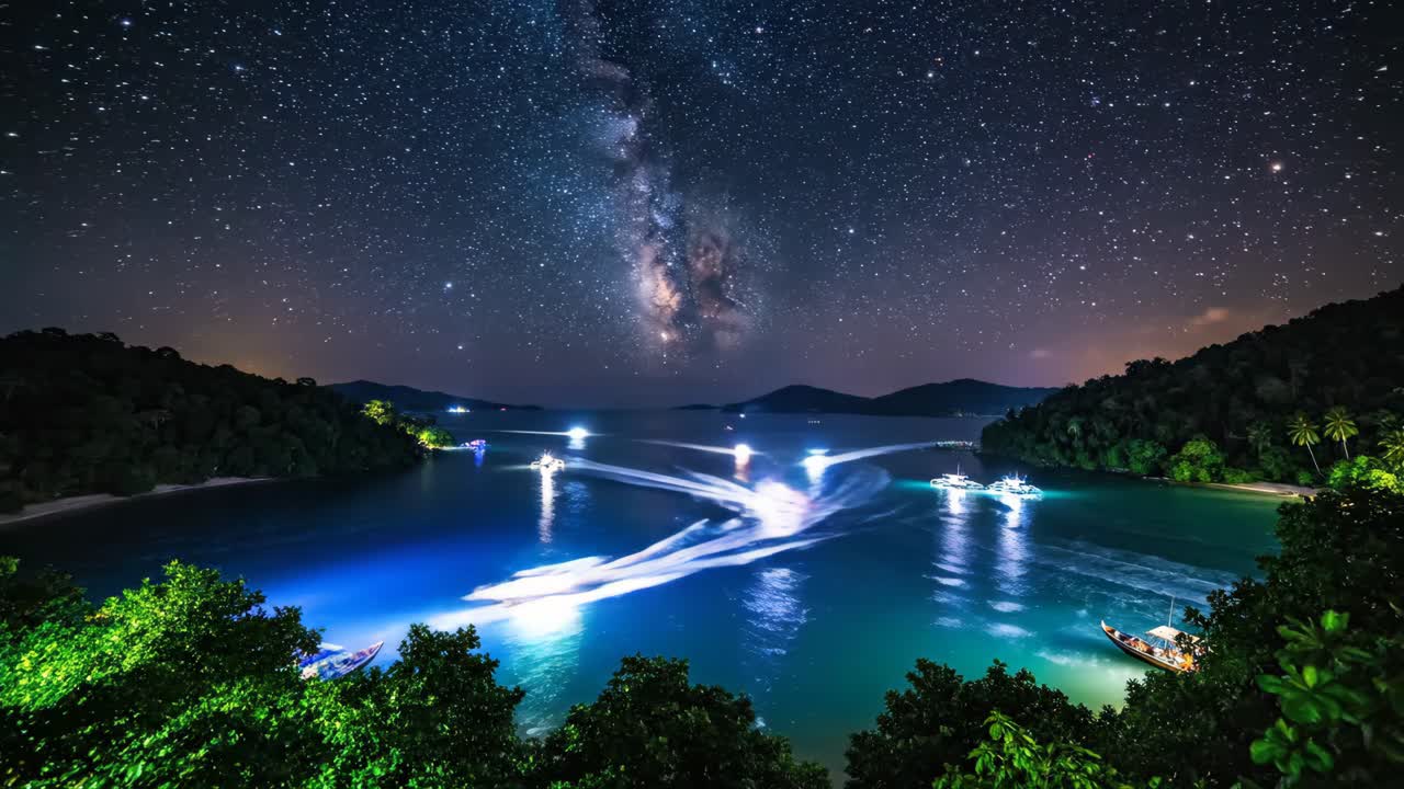Nighttime seascape with Milky Way and boats