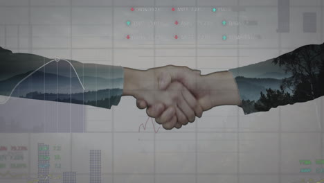 animación del procesamiento de datos sobre el apretón de manos de un hombre de negocios