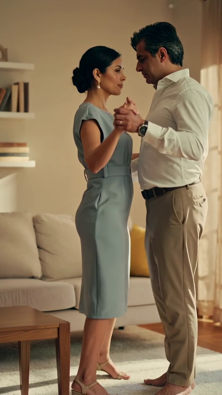 Vertical video: Holding hands, couple moving slowly for love by couch, woman blue dress, man shirt
