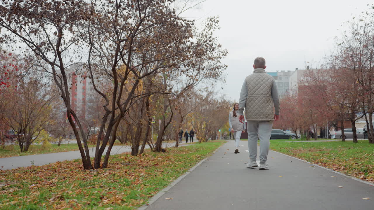 Rear view of man walking on urban park pathway during windy autumn day as dry foliage blows across pavement and trees sway gently in breeze with city buildings and parked cars in background