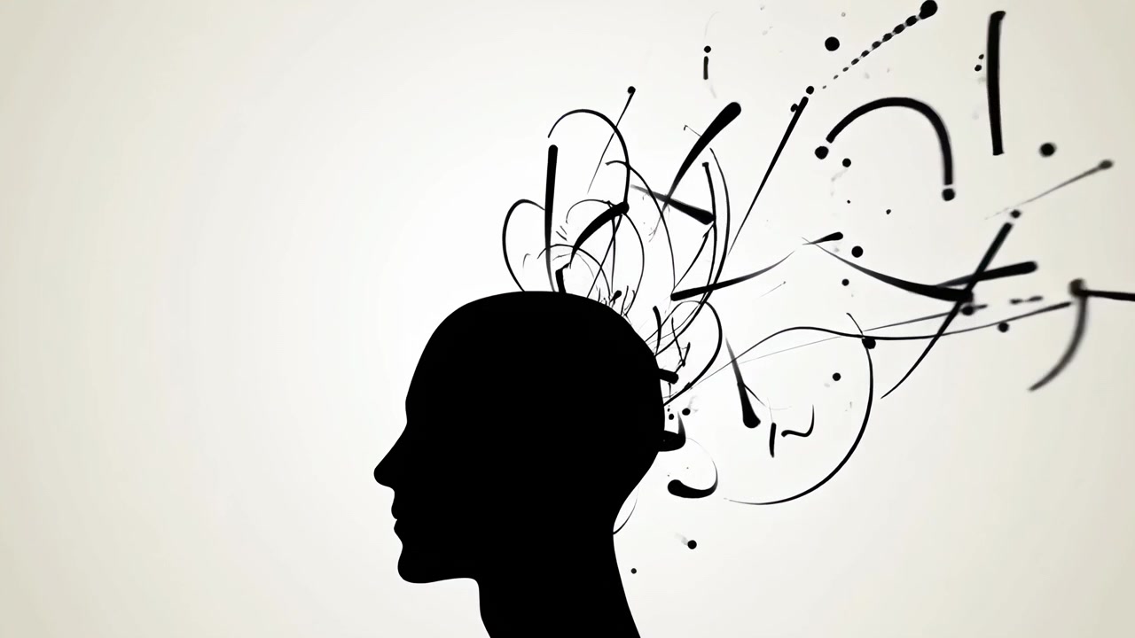 Human Head Silhouette with Abstract Swirling Lines Representing Thoughts