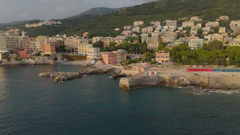 genoa nervi coastline with buildings and breakwater, aerial view