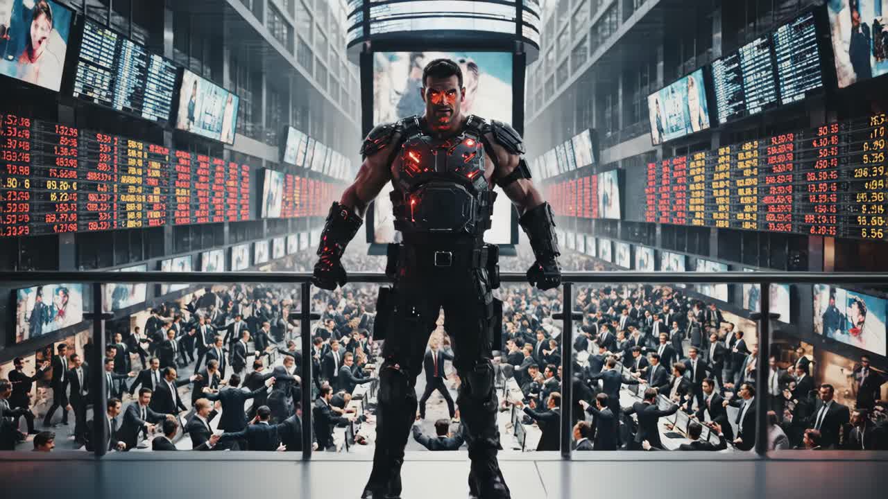 Futuristic Cyborg in a Stock Market