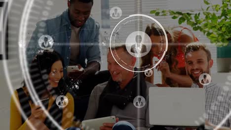 Multiple-profile-icons-over-scope-scanning-against-office-colleagues-using-electronic-devices