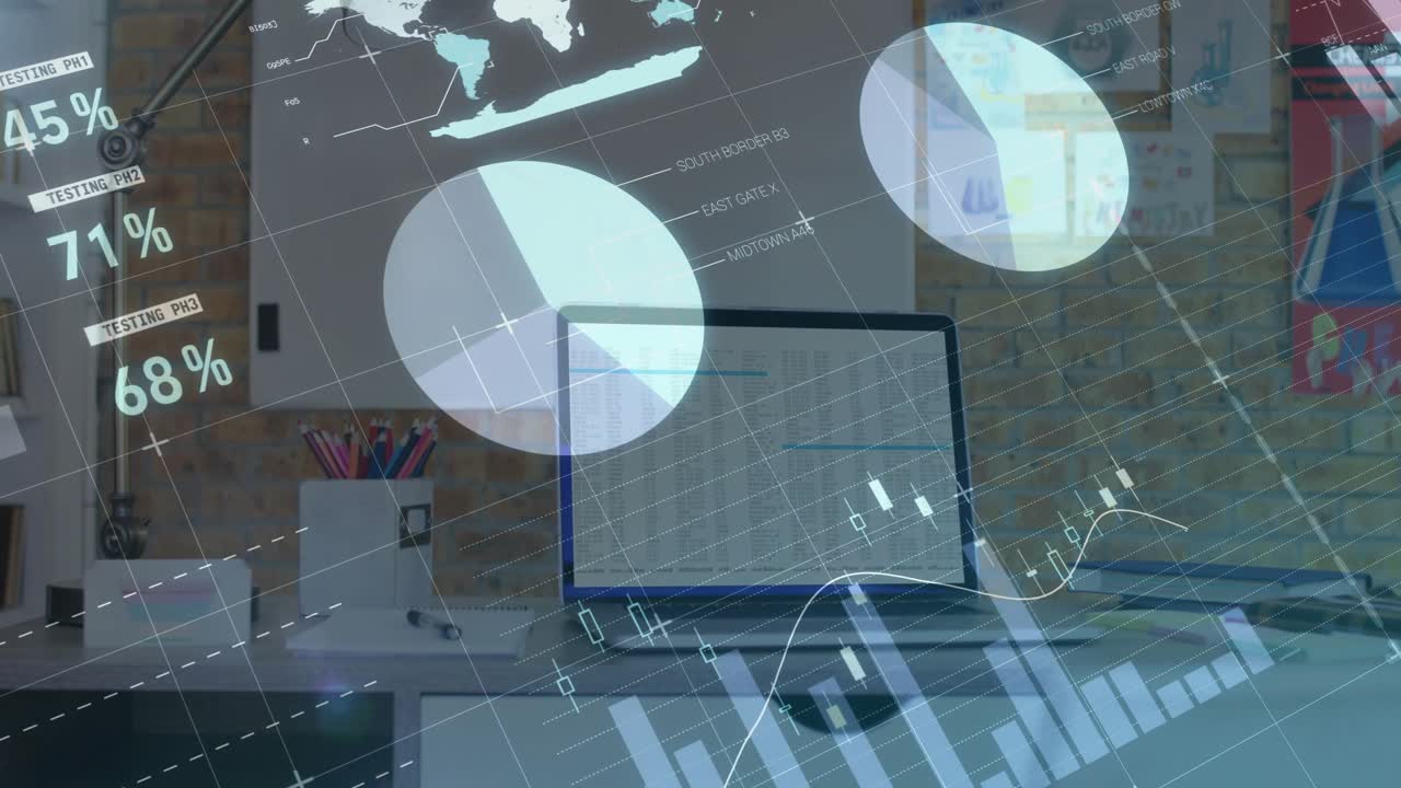 Laptop anchored on desk showing incoming data, overlaying animated charts and gauges for business