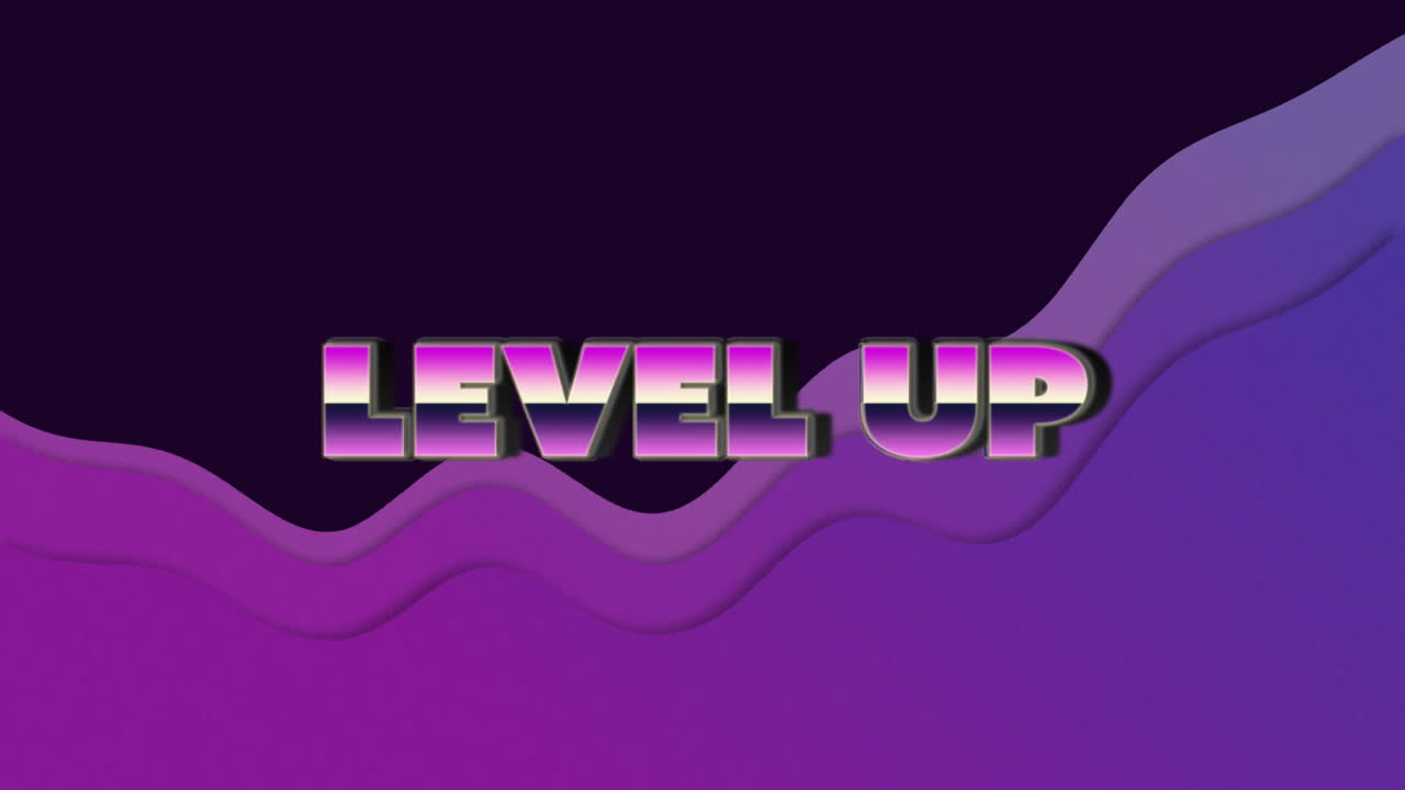 Animation of level up text over moving purple wave on dark background